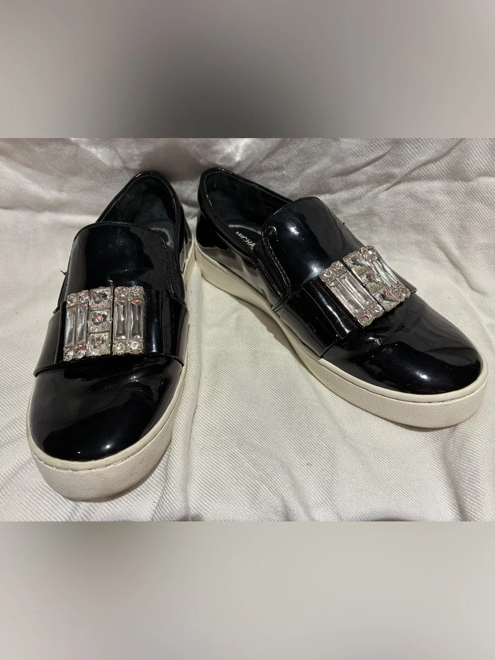 Michael Kors Black Patent Slip-On Sneakers with Crystal Bar Detail, sz 5